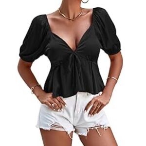 Black Satin Deep V Neck Short Sleeve Tie Front Blouse